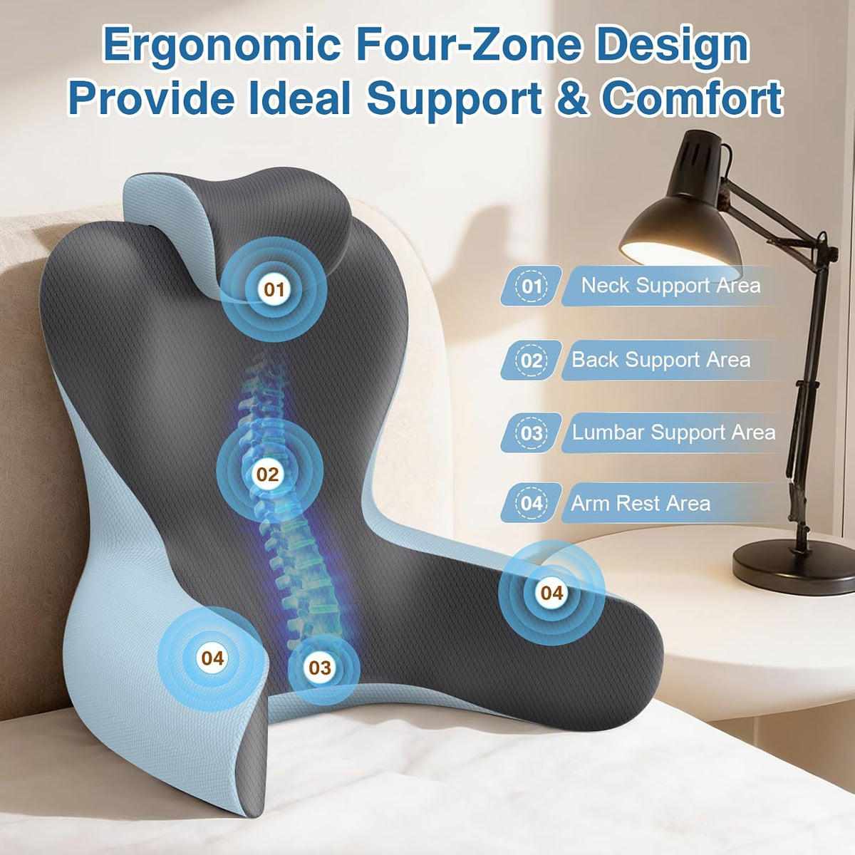 22" XL Reading Pillow Sitting in Bed,Back Support & Armrests(Grey & Blue)