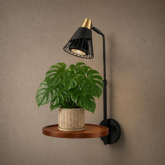 Hamilyeah Cordless Wall Sconce with Shelf, Industrial Battery Operated Wall Lamp with Rechargeable 15-Color RGB Bulb, Remote Control Dimmable Wall Light, Floating Wooden Shelf for Bedroom Living Room