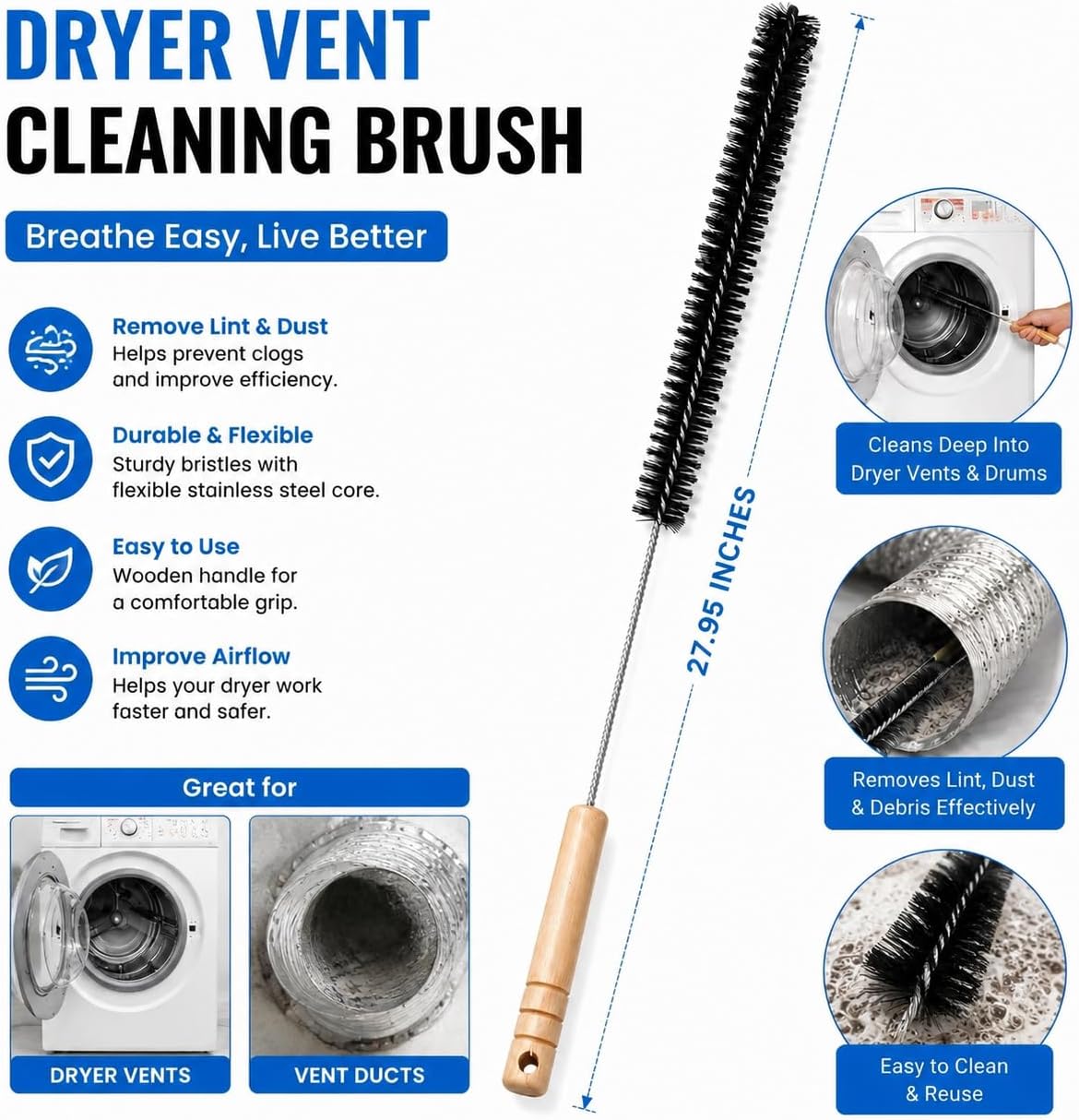 Dryer Lint Brush Vent Cleaner Lint Trap Cleaning Tool Dryer Vent Brush Long Flexible with Wood Handle 27.95Inches Medium Size for Dryer Vent Cleaning DIY Enthusiasts Homeowners (1, PCS)