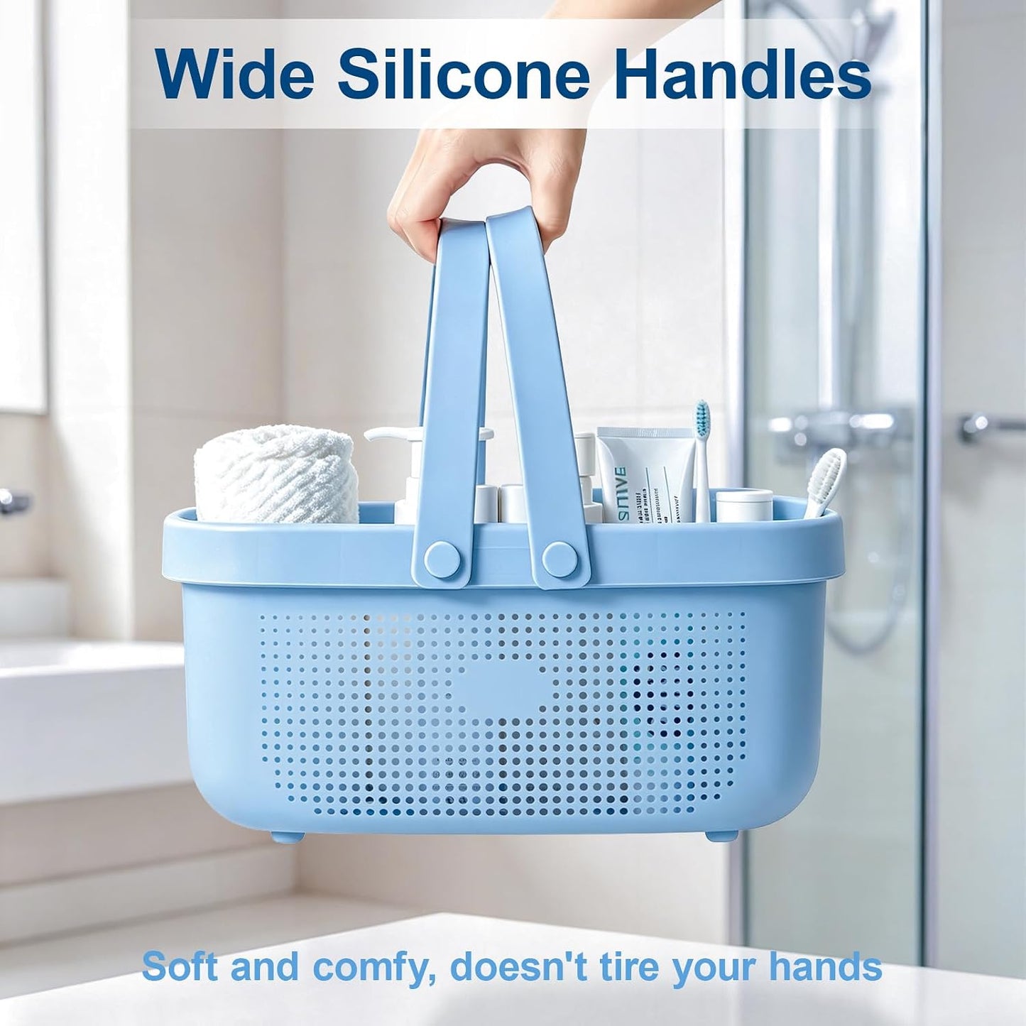 JiatuA Plastic Storage Basket with Handle Portable Shower Caddy Tote Organizer Basket Bin for Bathroom Kitchen Dorm Room Bedroom, Green | Sturdy Drainage Large Capacity Organizer Basket with Silicone Handles for Bathroom Kitchen Bedroom College Dorm