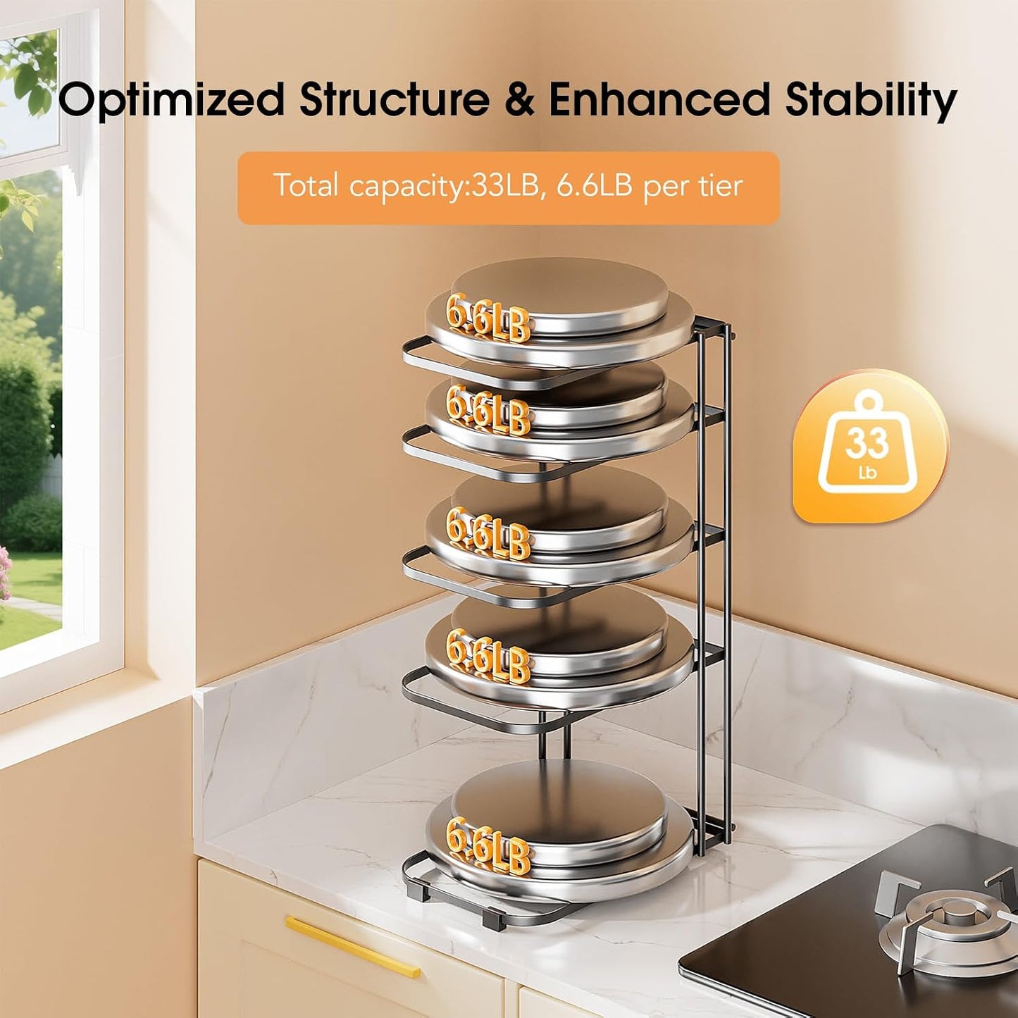 5-Tier Pot and Pan Organizer 13.6", No Assembly Cookware Rack 1-Pack | One-piece Design, Multi-height Layered,Anti-Tip Structure, Dual Vertical & Horizontal Use, Fits Cast Iron Pans & Dutch Ovens
