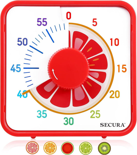 Secura 7.5-Inch Fruit Visual Timer for Kids, 60-Minute Countdown Timer for Classroom or Kitchen, Durable Mechanical Timer Clock with Magnetic Backing (Orange)
