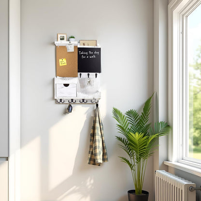 Key Holder for Wall Mount with Shelf and Mail Organizer, Key and Mail Holder with 16 Hooks, Farmhouse Entryway Organizer, Home Decor Rack (Pine Wood, White Washed)