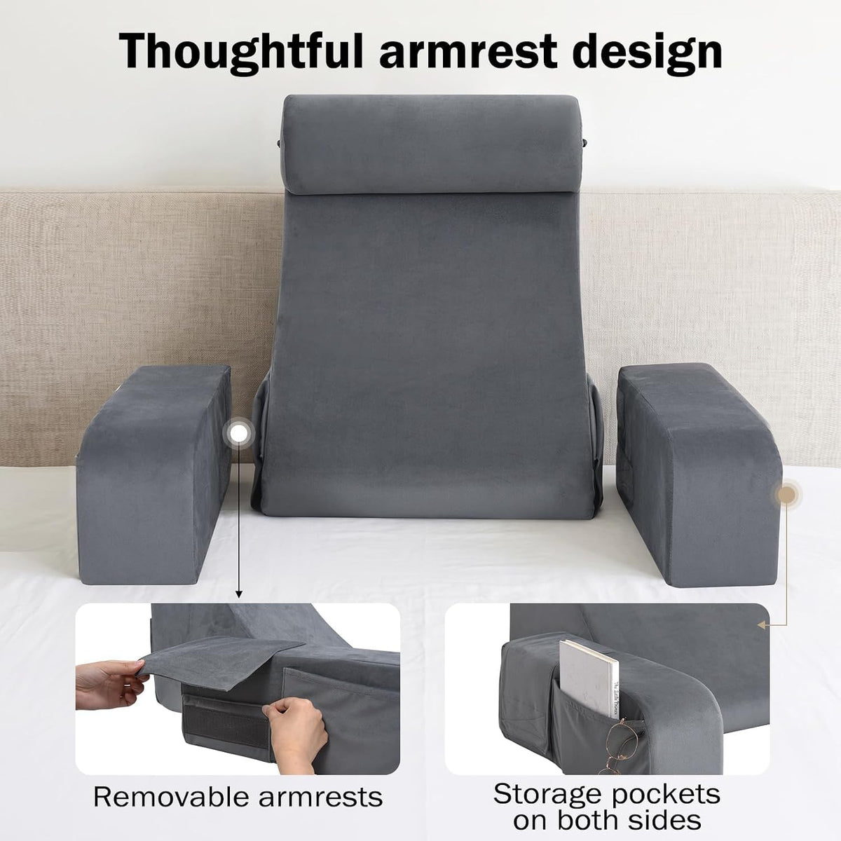 ENITYA 21" Reading Pillow for Bed with Firm Back Support & Big Pockets
