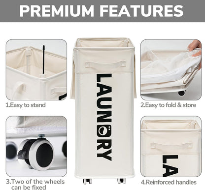 Goodpick 75L Laundry Basket with Wheels & Removable Wash Bag for Dorm | Rolling Laundry Basket with Handles for Dirty Clothes, Fodable Hamper for Laundry Room, Dorm Room Essentials, Grey