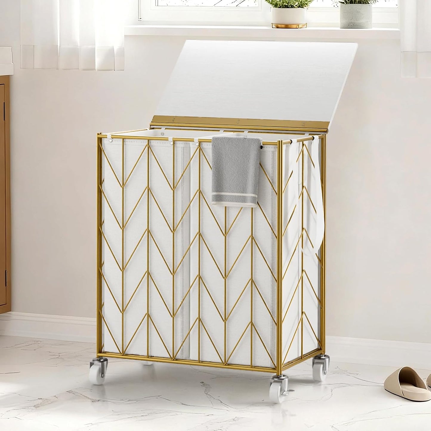 WOWLIVE Laundry Hamper 3 Section with Lid, 142L Laundry Basket with Wheels | Rolling Dirty Clothes Hamper with Removable Bags, Large Iron-Made Laundry Basket Organizer Laundry Sorter for Dorm, Beige