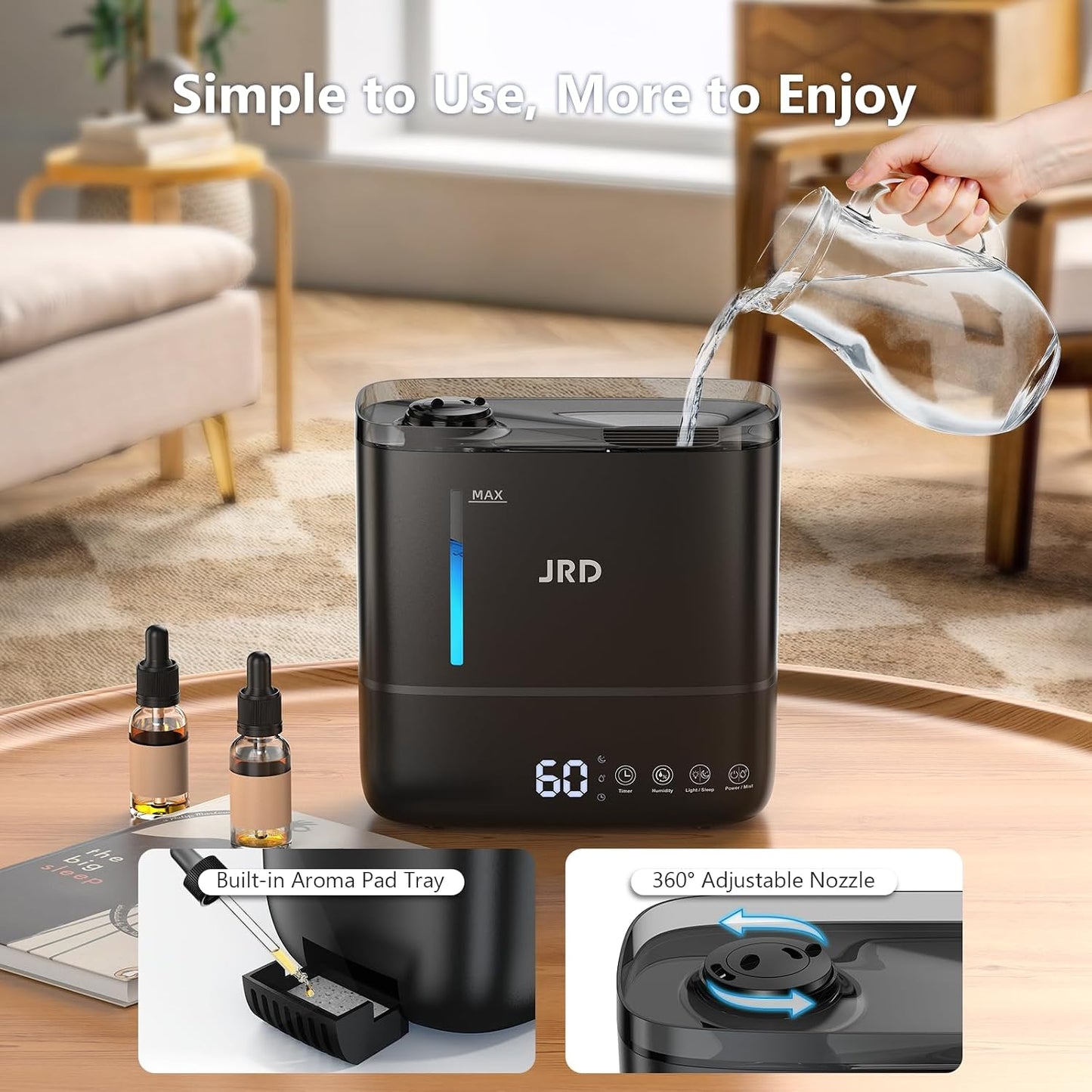 JRD Humidifiers for Bedroom, Ultrasonic Humidifier 4L for Large Room, Cool Mist Top-Fill, 40H Run, 12H Timer, 360° Nozzle, Aroma Diffuser, 7-Color Night Light for Home, Office, Baby, Pets, Plants