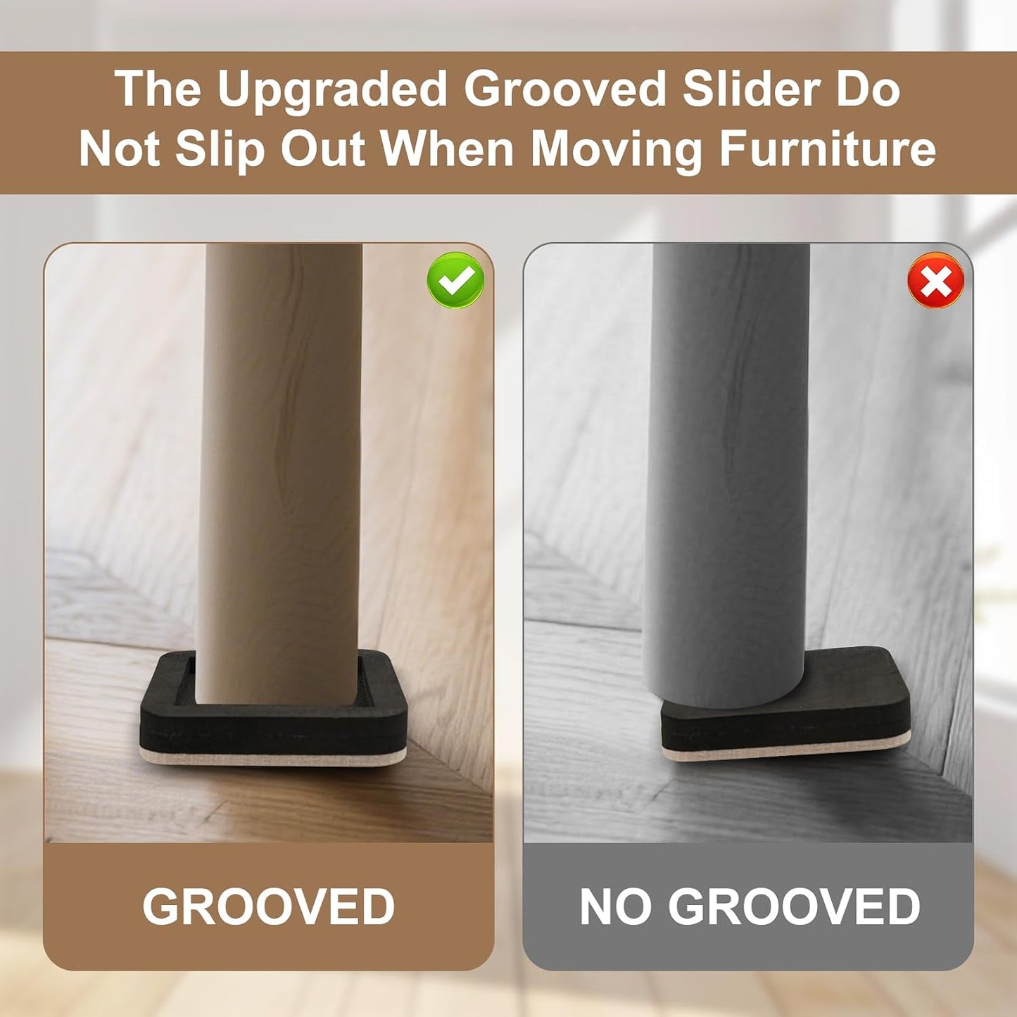 Upgraded Felt Furniture Sliders for Hardwood Floors - 8 PCS 4" | Patented Groove Design, Furniture Movers Sliders, Easily and Safely Move Any Item, Floor Protection