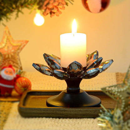 1 PC Gold Crystal Flower Tea Light Holder, Glass Tealight Candlestick with Metal Base, Votive Candle for Table Centerpiece, Wedding/Parties Decor, Nice Gift