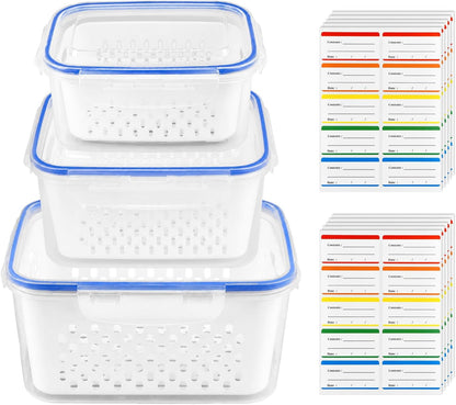 3 Pack Fruit Storage Containers for Fridge with Removable Colander,Airtight Produce Storage Containers with Lids Label Sheets, BPA-Free Berry Keeper for Fruit, Salad, Berry, Fresh(29oz+59oz+112oz)