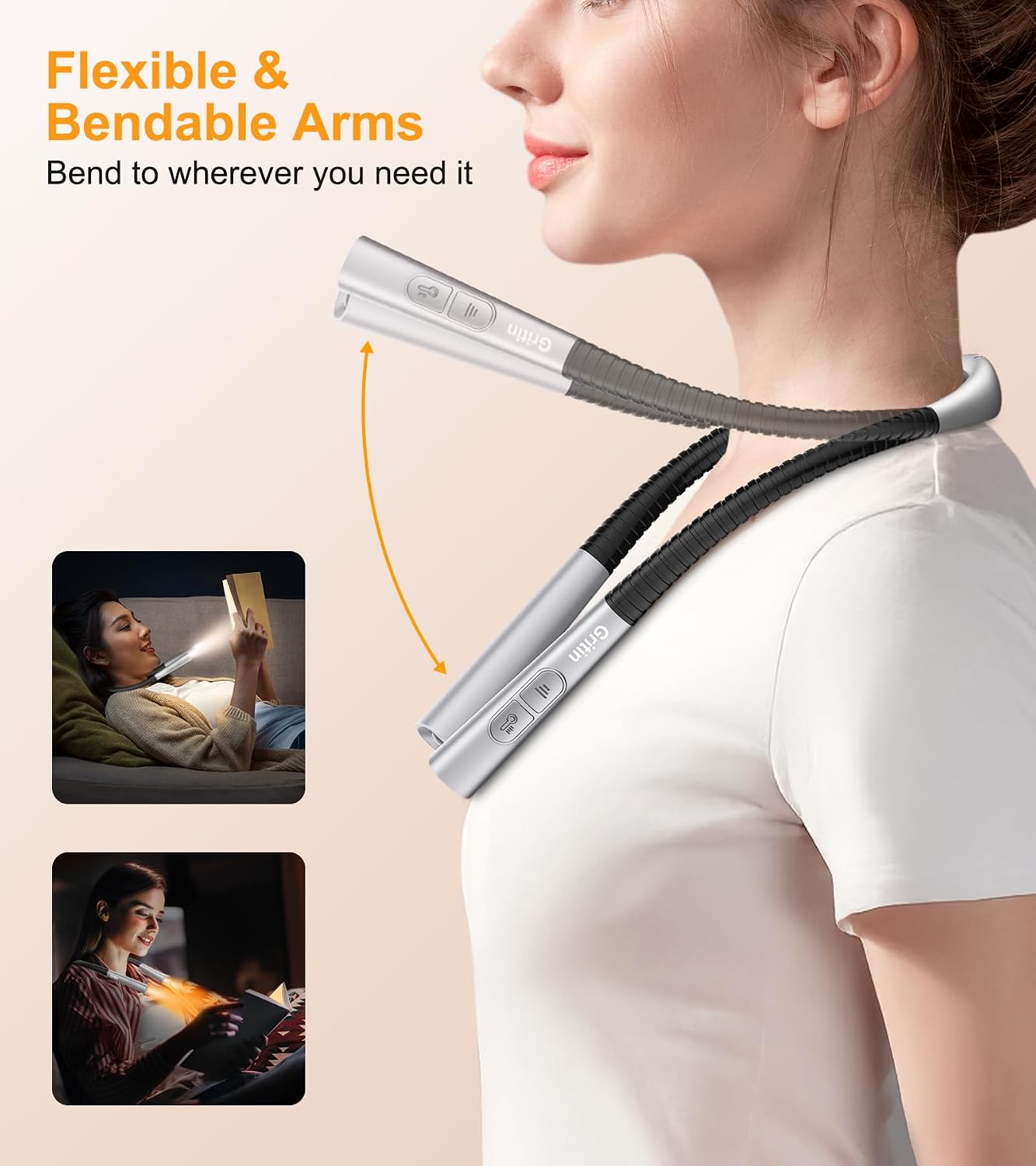 Gritin Book Light, Eye Caring 4-Color&5-Brightness Neck Light Reading Light | Stepless Dimming, 30-min Timer, 80+ Hrs Runtime, Bendable Round Neck Design, Lightweight for Reading, Knitting, Repairing
