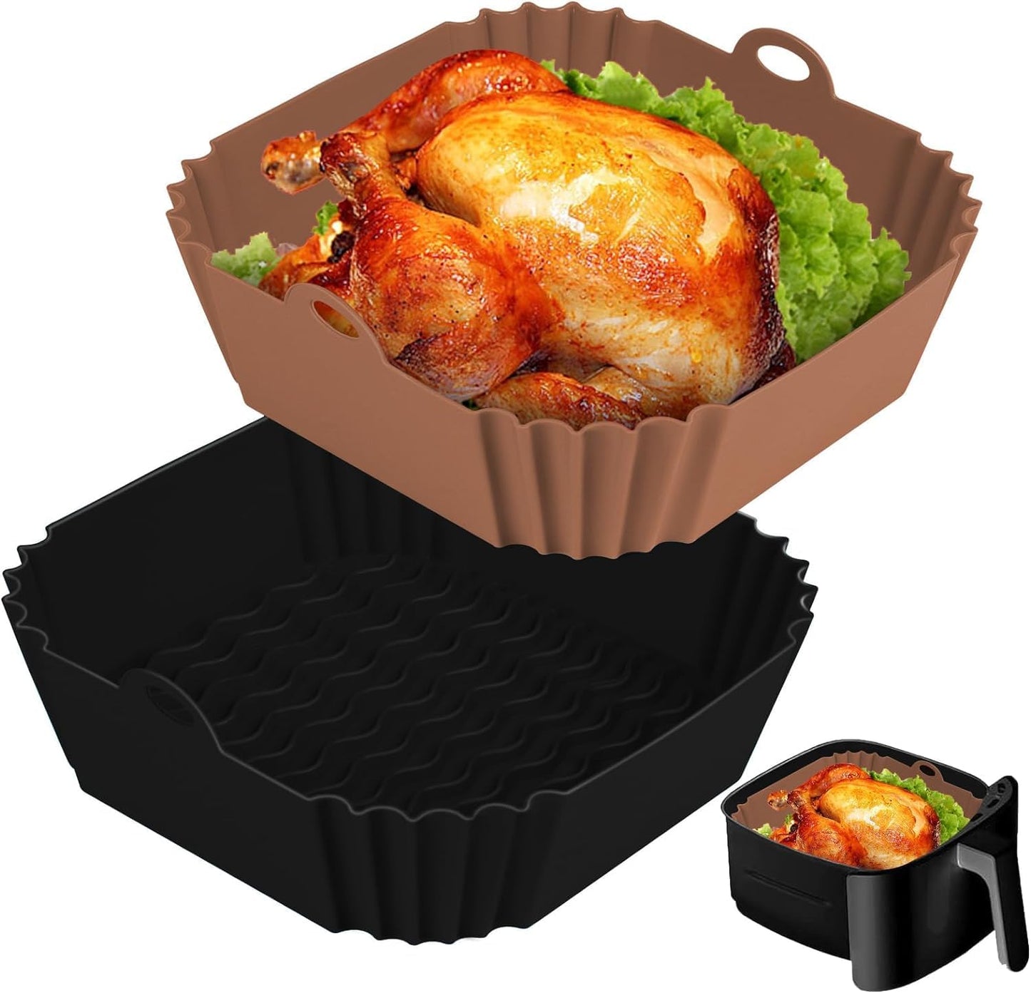 Boribim 2 PCS Square Silicone Air Fryer Liners - 8 Inch Reusable Air Fryer Pot - Air Fryer Accessories - Air Fryer Inserts for 4 to 7 QT Oven Microwave Accessories (Red + Blue)