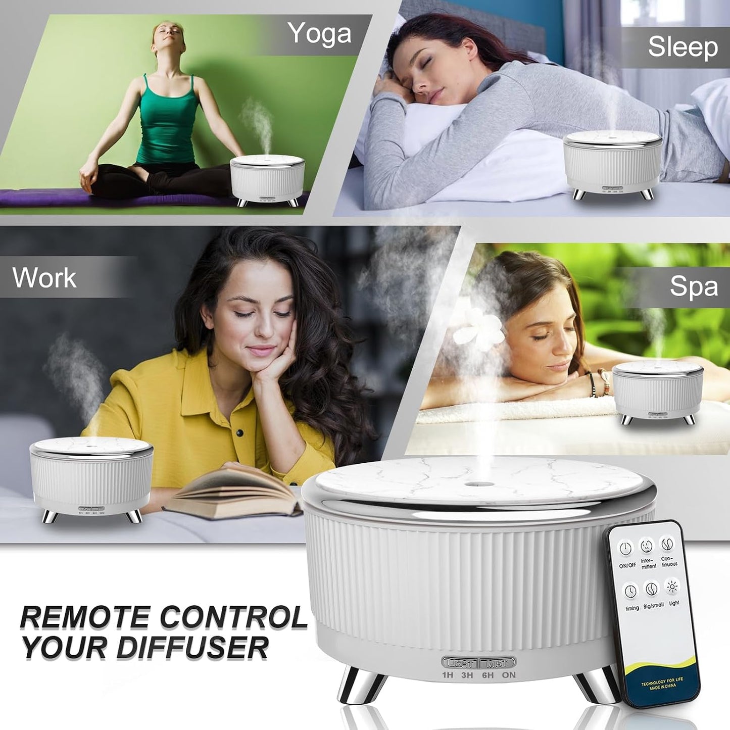 Diffusers for Essential Oils Large Room, 500ml Aromatherapy Diffuser Cool Mist Humidifier with Remote Control,7 Colors Lights & 5 Mist Mode Waterless Auto Off for Women Office Home