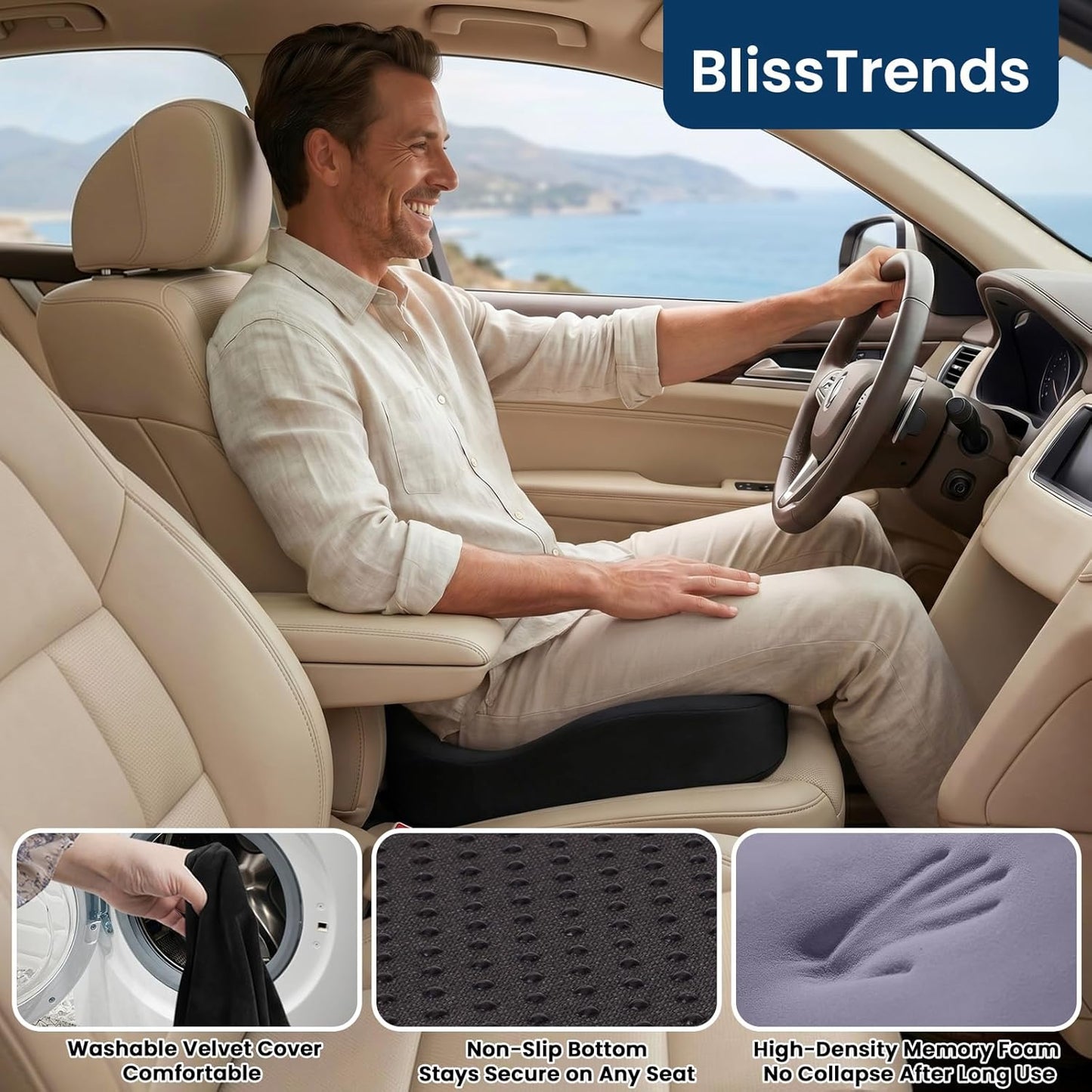 BlissTrends Memory Foam Seat Cushion for Office Chair & Car Seat, Black | 4.7in Ergonomic Tailbone & Sciatica Support with Removable Velvet Cover for Pressure Relief and Long Sitting Comfort
