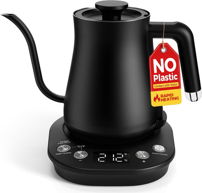 Gooseneck Electric Kettle with ±1℉ Temperature Control, 304 Stainless Steel Interior, BPA Free, 1200 Watt Rapid, Brew Timer, Automatic Shut Off for Pour Over Coffee, Brew Tea（Matte Black）