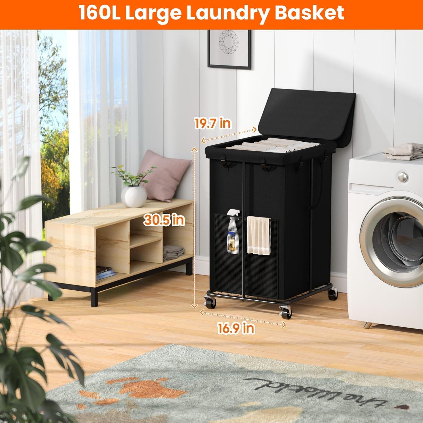 Laundry Hamper with Wheels, 150L Rolling Laundry Basket with Bag & Handles | Sturdy Metal Frame | Removable Bag | Large & Tall Dirty Clothes Hampers for Laundry Room, Bedroom, Dorm, Bathroom-Black