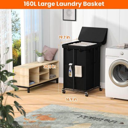 Laundry Hamper with Wheels, 150L Rolling Laundry Basket with Bag & Handles | Sturdy Metal Frame | Removable Bag | Large & Tall Dirty Clothes Hampers for Laundry Room, Bedroom, Dorm, Bathroom-Black