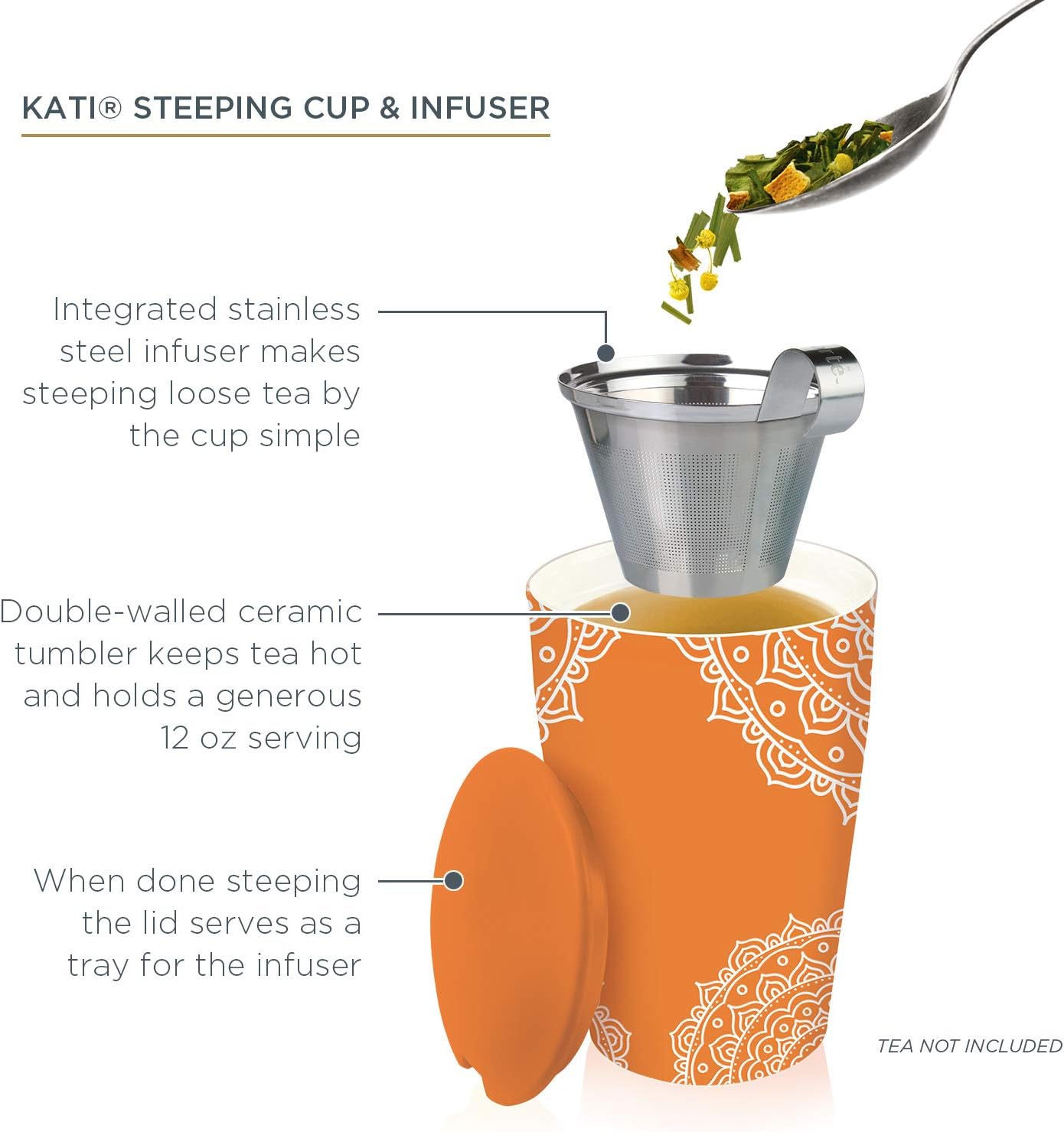 Tea Forte Double-Walled Ceramic Kati Cup, Noir, 12 oz | Insulated Ceramic - Stainless Steel Loose Leaf Infuser - Keeps Tea Hot Longer - Lid Included - Microwave & Dishwasher Safe