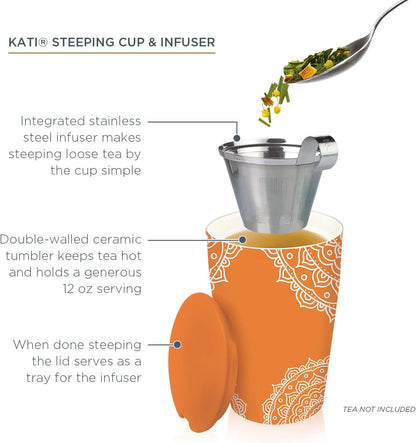 Tea Forte Double-Walled Ceramic Kati Cup, Noir, 12 oz | Insulated Ceramic - Stainless Steel Loose Leaf Infuser - Keeps Tea Hot Longer - Lid Included - Microwave & Dishwasher Safe