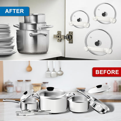 YONGAIJIA 4 Pack Adjustable Pot Lid Holder, Pan Cover Organizer Fits 6" to 14" Lid, Adhesive Wall Mount Pots Lid Storage for Kitchen Cupboard, Cabinet Door, White, BPA-Free Plastic