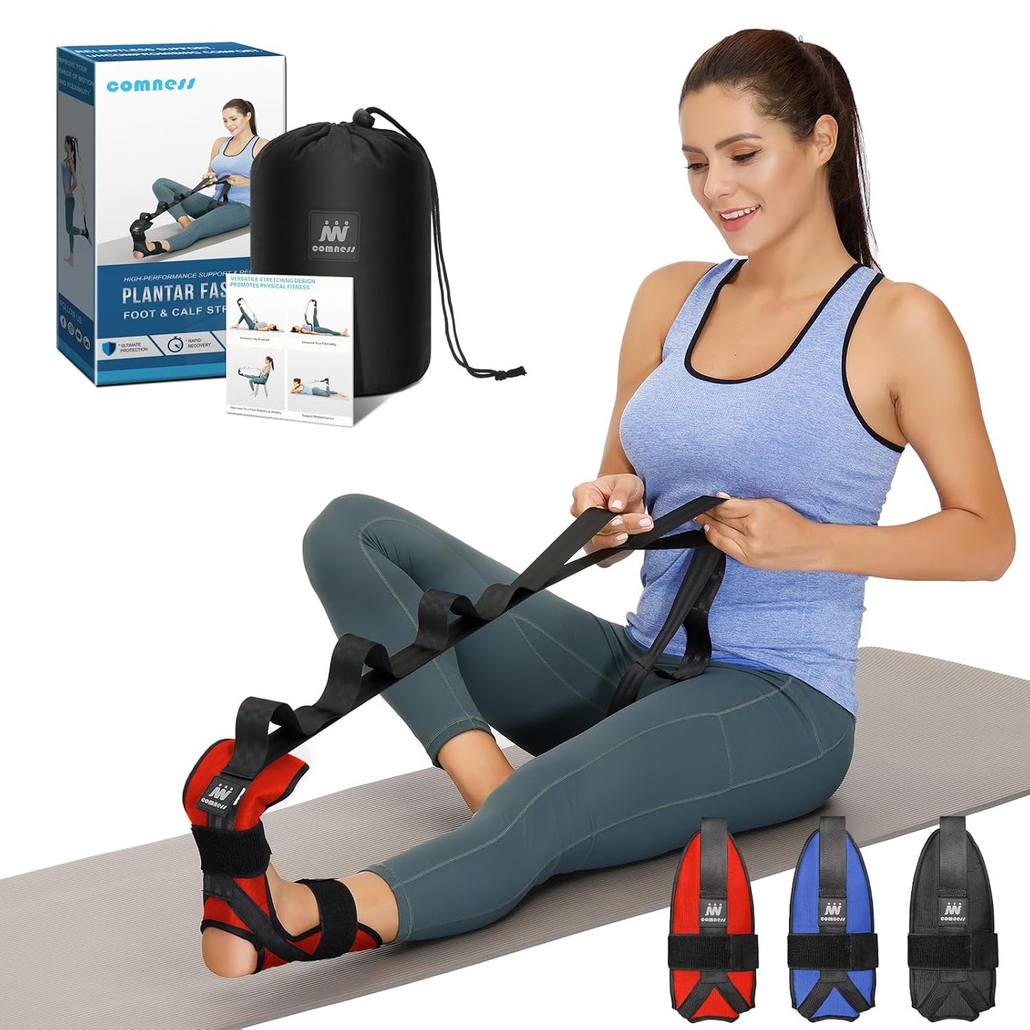 Foot and Calf Stretcher Stretching Strap For Plantar Fasciitis, Heel Spurs, Foot Drop, Achilles Tendonitis & Hamstring. Yoga & Leg Stretch Strap. (Red)