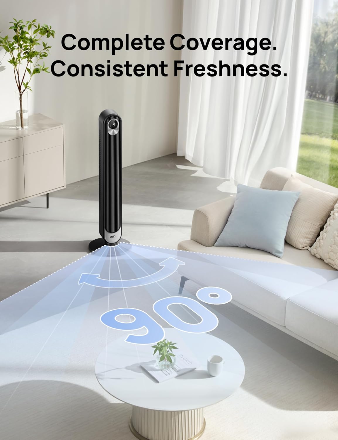DREO Tower Fan for Bedroom, 26ft/s Velocity, 90° Oscillating, 8H Timer
