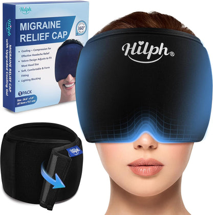 Hilph Adjustable Migraine Relief Cap, Headache Hat with Thickened Gel | Reusable, Flexible Gel, 360° Cold Compression Therapy Wrap for Tension, Stress, Sinus & Hangover Relief, Gift for Women Men