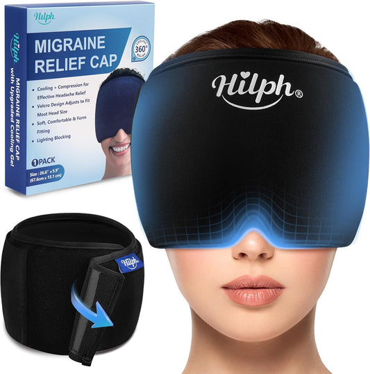Hilph Adjustable Migraine Relief Cap, Headache Hat with Thickened Gel | Reusable, Flexible Gel, 360° Cold Compression Therapy Wrap for Tension, Stress, Sinus & Hangover Relief, Gift for Women Men
