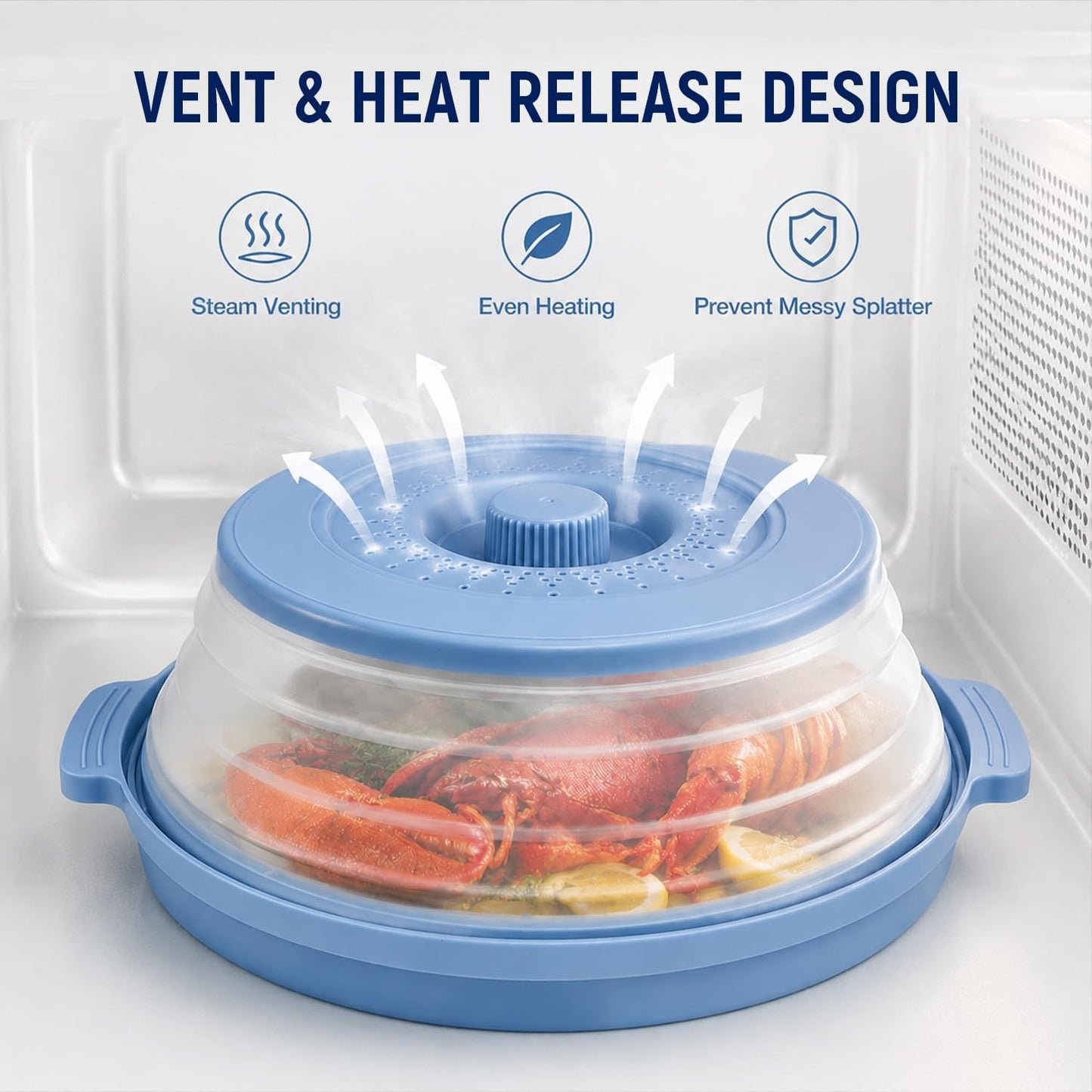 Collapsible silicone splash guard with tray -Microwave Place Mat & Food Cover can be used as a draining basket for washing vegetables and fruits. Vented Collapsible lid & Silicone Kitchen mat（Blue）