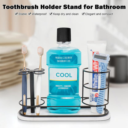 Toothbrush Holder Stand for Bathroom, Metal Toothbrush Organizer with Marble Base, Toothbrush Storage Collection for Family, Suitable for Home Hotel Countertop Vanity (Small, Matte Black)
