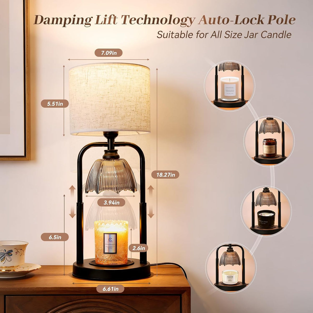 Table Lamp Candle Warmer Flameless 2.5- 6.5in Height Adjustable Timer Dimmer Wax Melt Warmer Lamp for Large 3 Wicks Jar Candles Modern Bedside Lamp for Mothers Day House Warming Home Decor Living Room