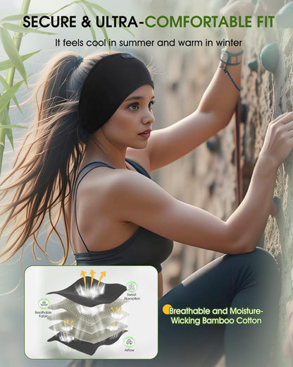 Bamboo Cotton Sleep Headphones,Ultra-Soft Wireless Headband Bluetooth for Side Sleepers, with 14H Playtime & Bluetooth 5.4, 4-in-1 Music Sleep Earphones for side sleeping(Black)