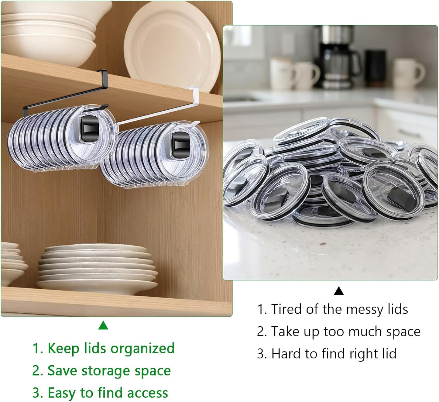 2 Pack Tumbler Lid Organizer, Flat Wire Cup Lid Storage Rack, Black | Carbon steel, slide-on design, fits 0.39 in or wider drink openings and shelves up to 0.90 in, no drilling or adhesive