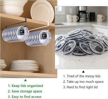 2 Pack Tumbler Lid Organizer, Flat Wire Cup Lid Storage Rack, Black | Carbon steel, slide-on design, fits 0.39 in or wider drink openings and shelves up to 0.90 in, no drilling or adhesive