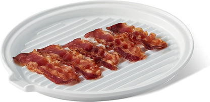 ONEMORE Microwave Bacon Cooker, Ceramic Bacon Tray with Splatter Cover | Meat Rack for Oven Cooking Crispy Bacon Maker with Collapsible Lid - 13 inch Round Bacon Dish Plate, Dishwasher Safe, White