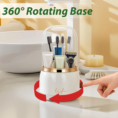 360 Rotating Toothbrush Holders for Bathrooms, 7-Slot Toothbrush Holder with Cover & Drainage, Bathroom Countertop Organizer for Electric Toothbrushes, Toothpaste & Makeup Brushes