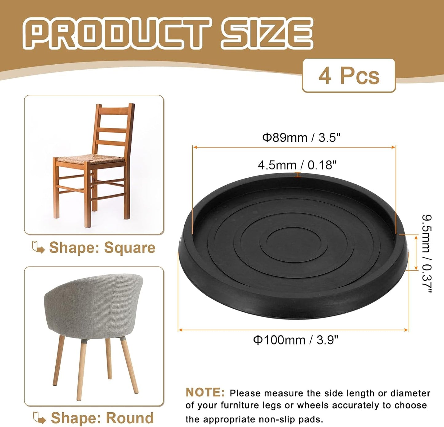 PATIKIL 4 Inch Rubber Furniture Pads, 4 Pack Non-Slip Furniture Coasters Round Anti Skid Caster Cups Furniture Feet Cup Floor Protectors for Bed Couch Stoppers, Brown