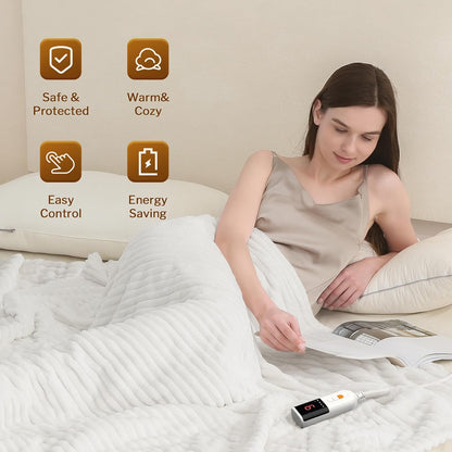 Heated Throw Blanket, 5 Heat Levels, 3 Hours Auto-Off, White | ETL & FCC certified, 50" × 60", OEKO-TEX fabric, machine washable, 100W low energy