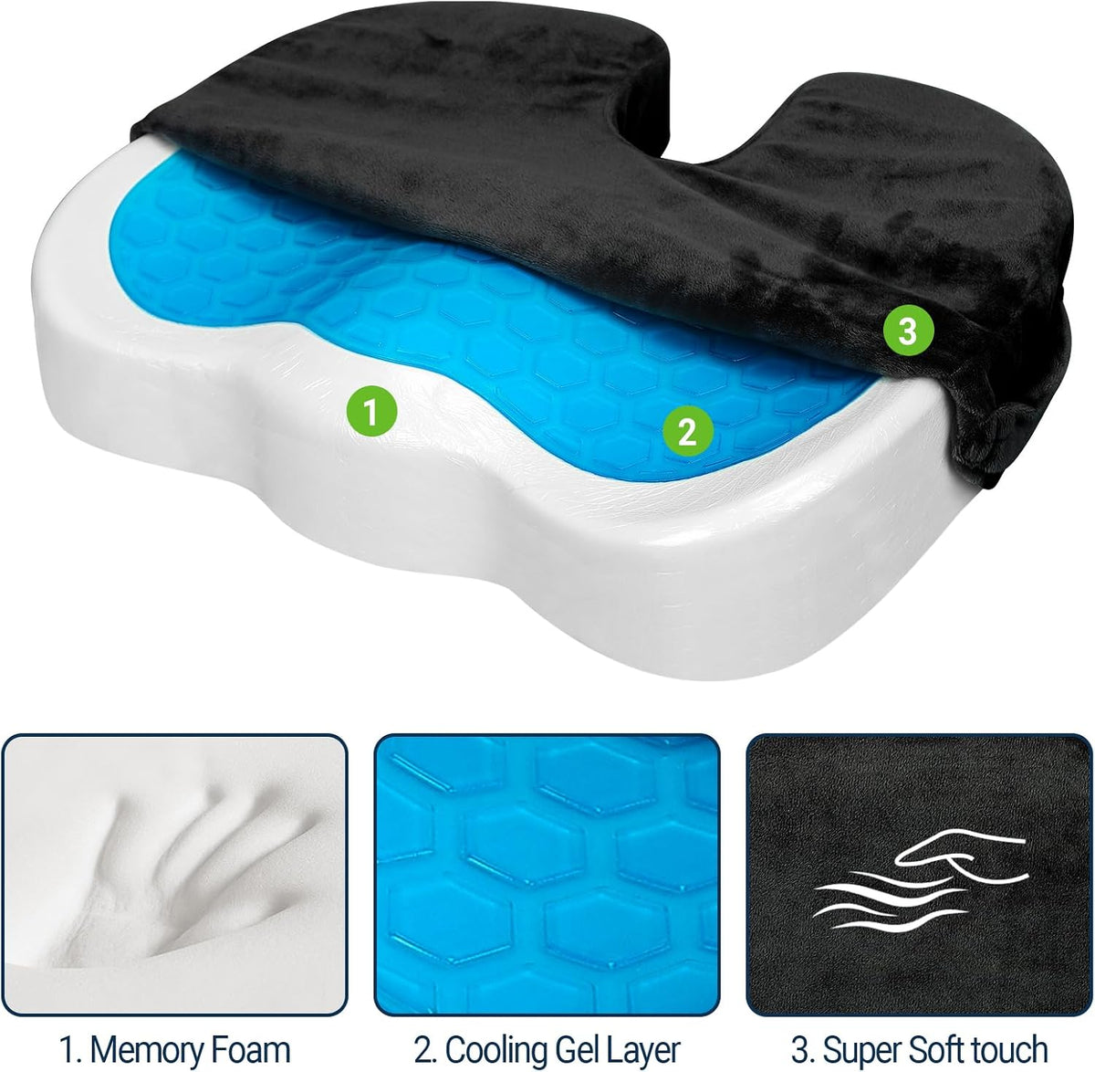 Season Guard Gel Memory Foam Seat Cushion for Tailbone Pain Relief, Black