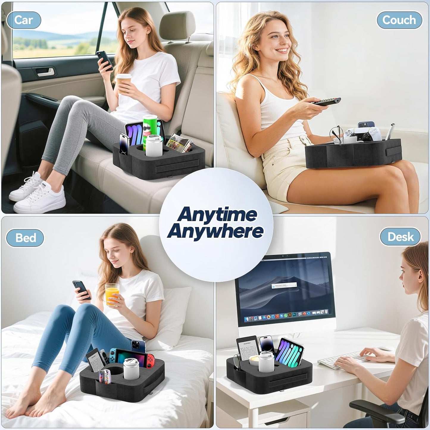 Couch Cup Holder Pillow, Sofa and Bed Caddy for iPad, Kindle, Switch, Game Controller, Remotes, Phones, Small-Sized Cup & Drink Holder for Couch, Bed, Desk, Car, Beach, Bathroom Cup Holder