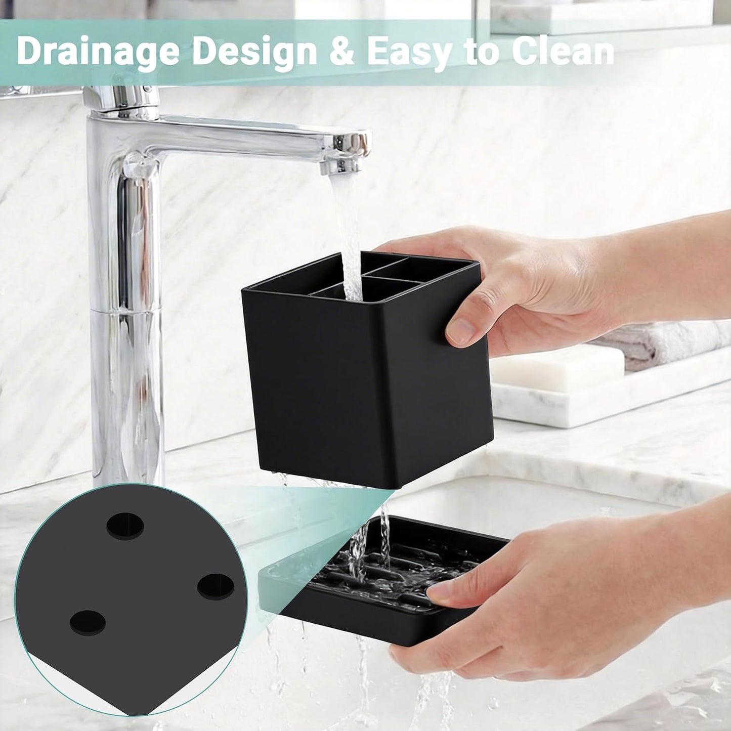 Silicone Toothbrush Holders for Bathrooms with Drainage Tray, White Marble | 3 Slots Unbreakable Countertop Electric Tooth Brush and Toothpaste Holder Organizer Stand, Marble Bathroom Accessories Decor