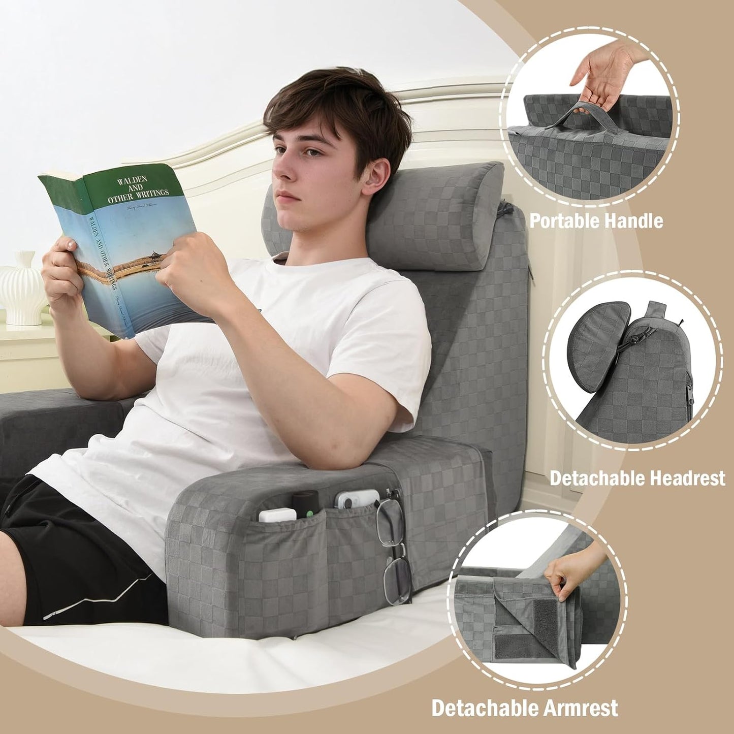 Vekkia 19'' Reading Pillow for Adults with XL Side Pockets, Adjustable Arms | 45° Back Support Chair for Sitting in Bed, Washable Cover, Perfect for Gaming, Watching TV, Relaxing, or Recovery, Gift Idea