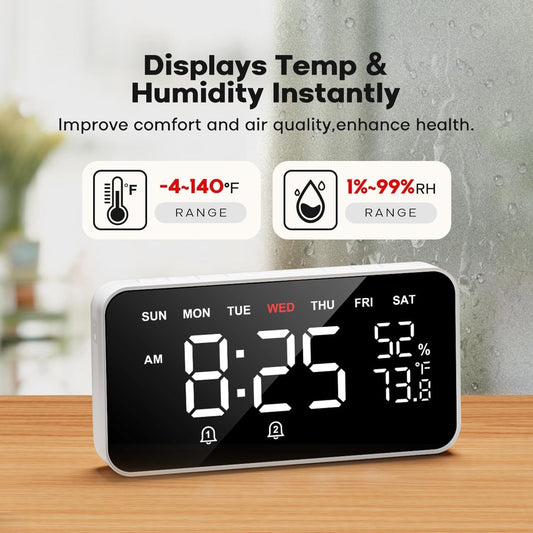 Dekala Digital Alarm Clocks for Bedrooms, Loud Alarm Clock for Heavy Sleepers, Temperature & Humidity Detect, Dual Alarms Weekday/Weekend Mode, Large Display Auto Dimmer, Sleep Sound，9 Ringtone