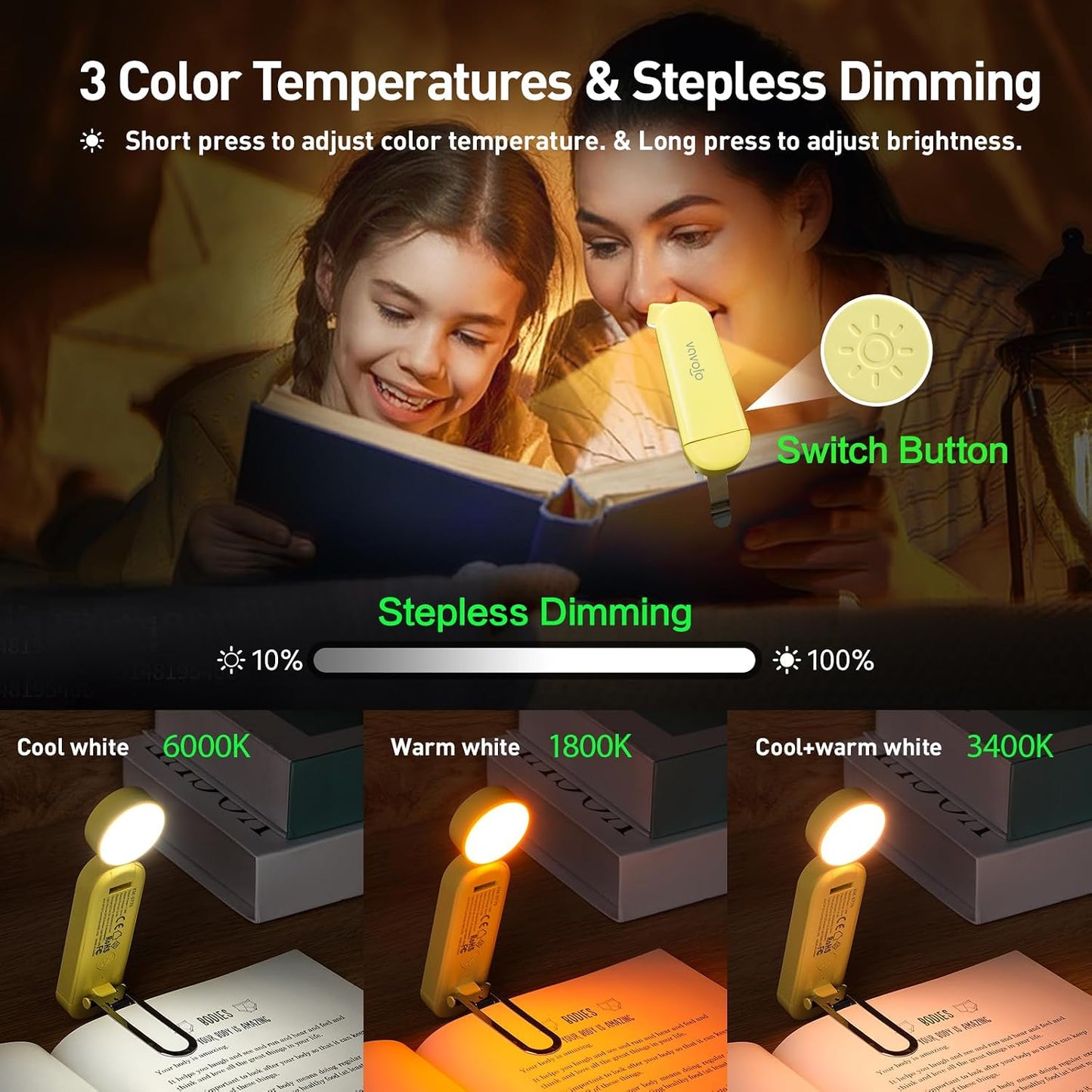 VAVOFO USB Rechargeable Bookmark Reading Light, Blue Light Blocking Amber LEDs for Bedtime Reading - Clip On, 9 Lighting Modes