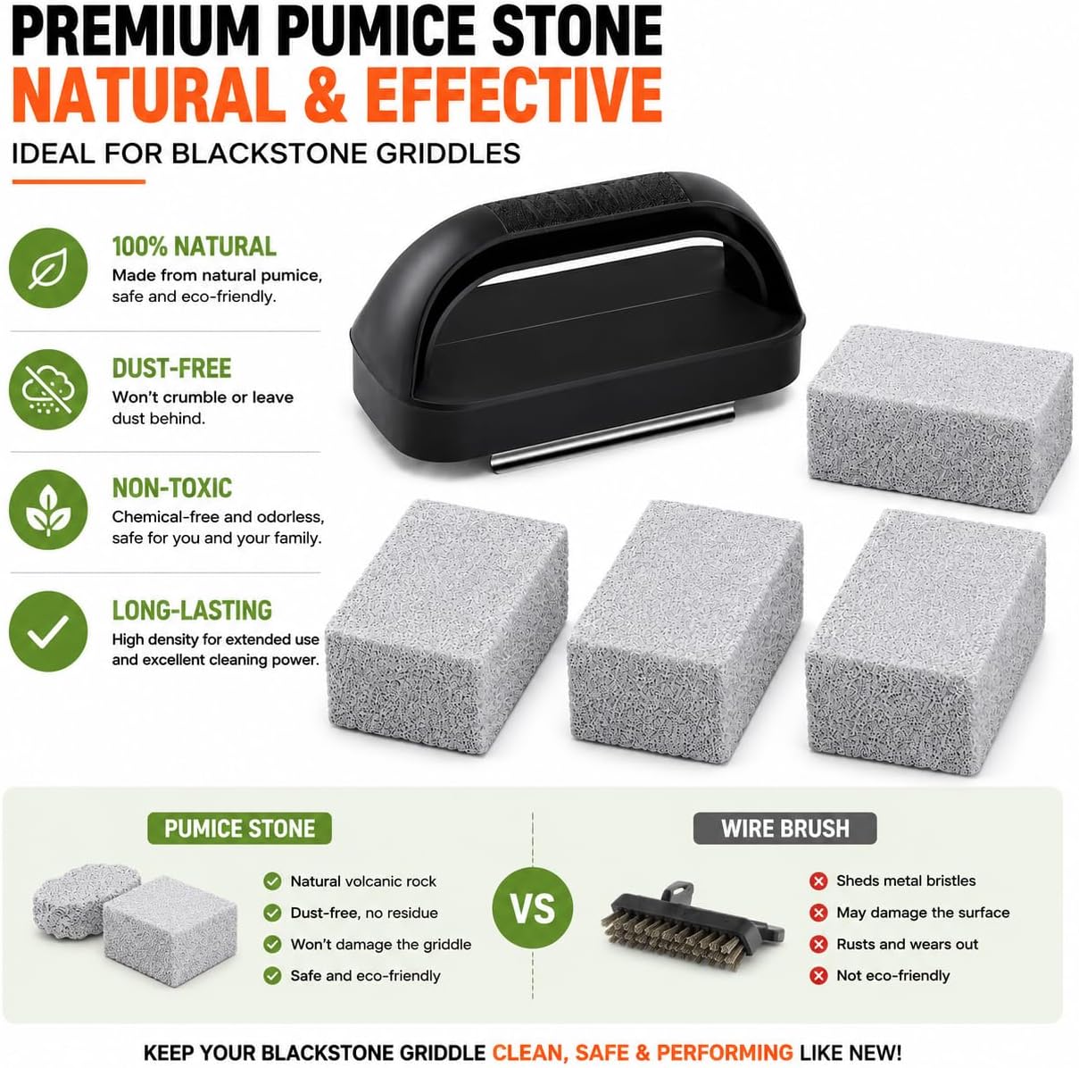 Pumice Stone with Handle for Blackstone Griddle, Grill Cleaning Brick for Burnt-On Grease, Flat Top Grill and Grates, Includes 1 Handle and 4 Stones