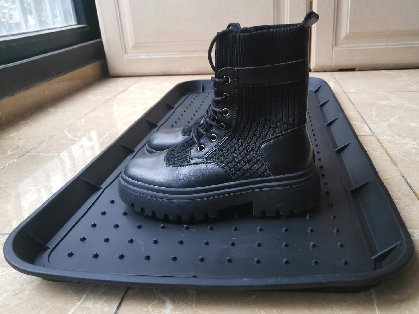 Boot Tray for Entryway,Hard Plastic Boot Mat,Shoe Tray,Shoe Mat for Indoor and Outdoor Use (Black Flower (Hard Plastic), 29.5X14.9 inch)
