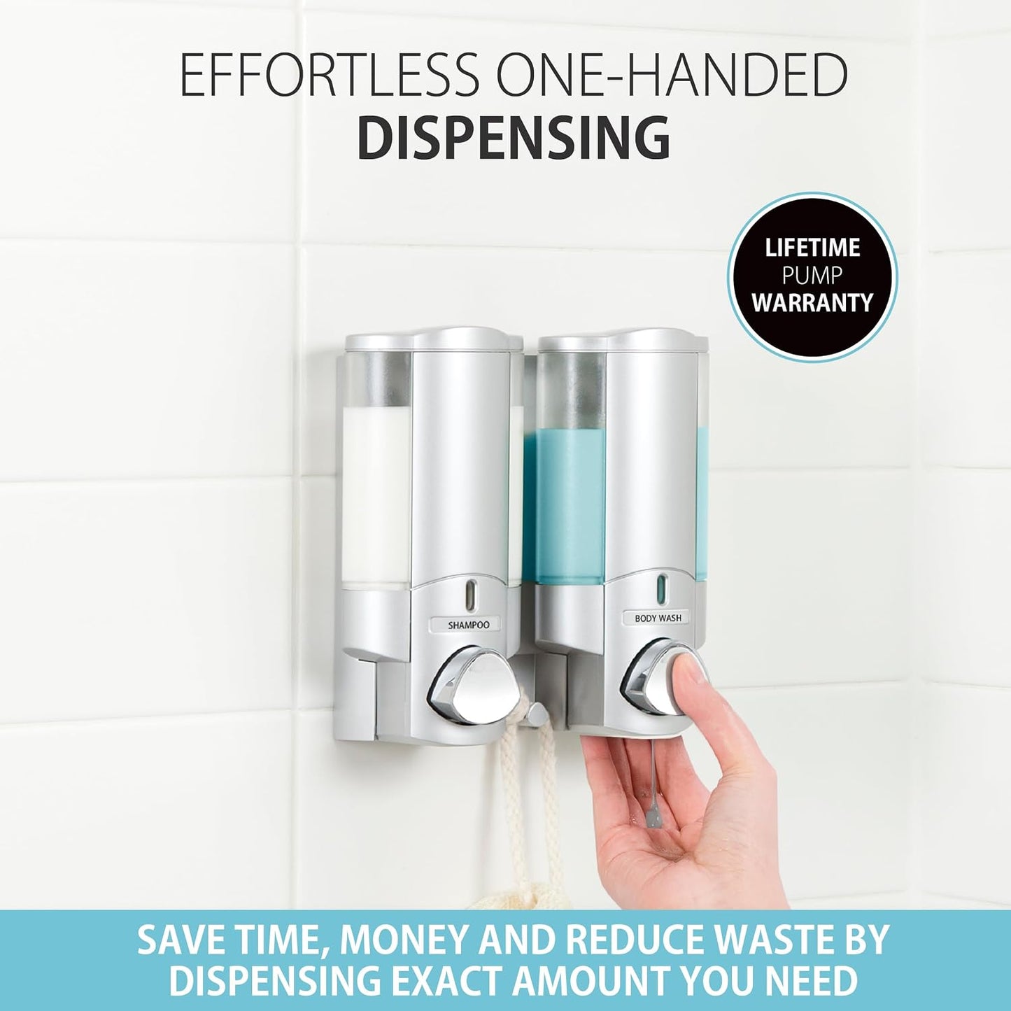 Better Living Aviva Wall Mount Shower Dispenser, 3 x 11 oz, Satin Silver | 3 Chamber, Shower Dispenser for Bathroom, Built-in Hooks, No Drill, Waterproof Dispenser Pump