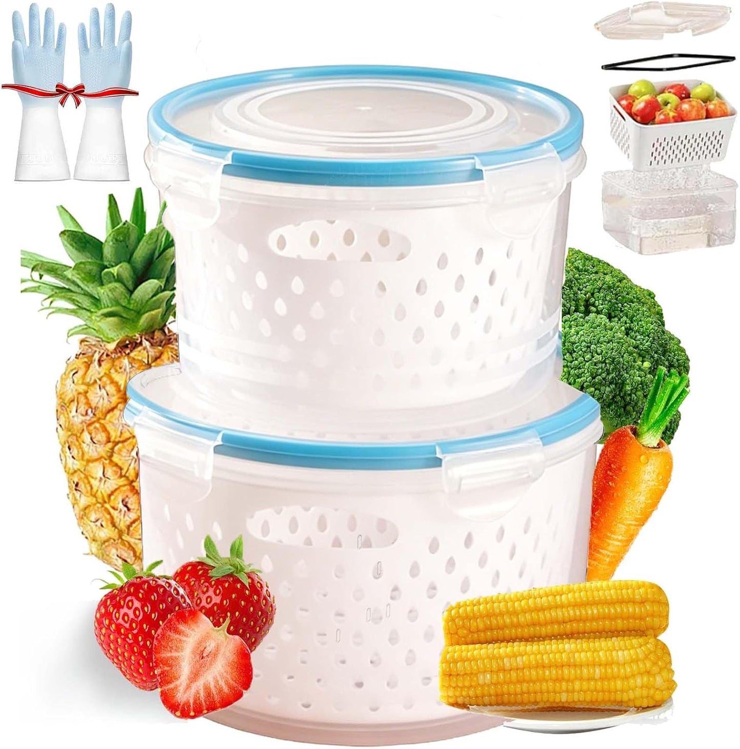 4 In 1 Food Storage Container, Fruit Storage Containers for Fridge, Household Transparent Plastic Food Storage Box-Including Drain Basket, Soak, Wash, Drain, and Store (Gray, S+M+L)
