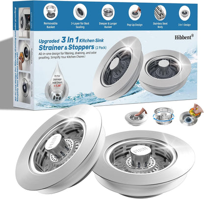 Hibbent 3 in 1 Kitchen Sink Drain Strainer, Metal Pop Up Stopper | Larger Anti-Clogging Basket, 3-Layer Seal, Detachable Sink Drain Plug for US Standard 3-1/2" Drain, Brushed Stainless Steel