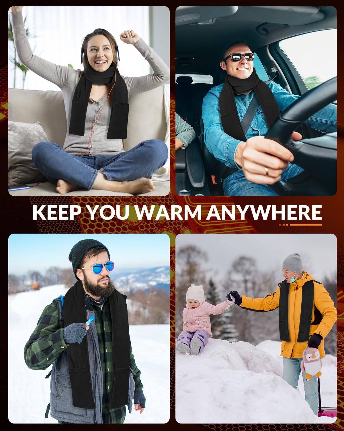 Electric Heated Scarf Pad Cordless 63'' Length Heating Soft Warmer with 10000mAh Rechargeable USB Power Bank, Adjustable 3 Heat Settings, Portable Wrap for Neck Brace and Shoulder, Black